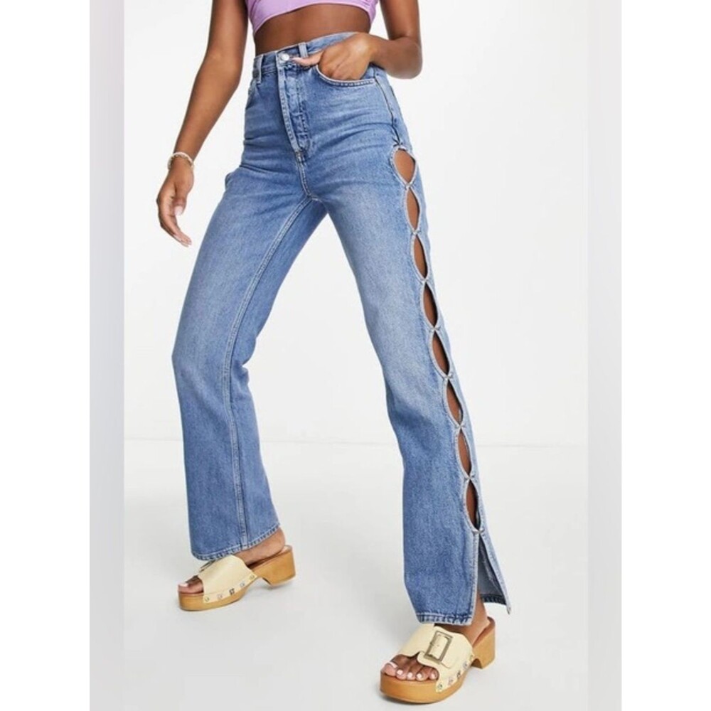 Topshop Kort High Waist Keyhole Straight Leg Jeans In Blue
